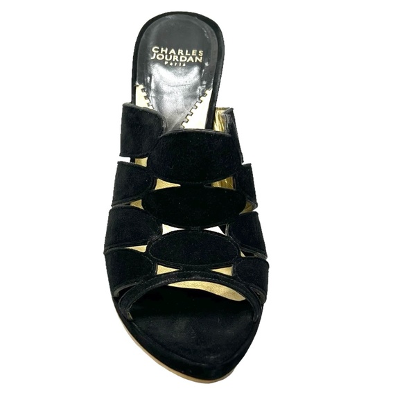 CHARLES JOURDAN PARIS BLACK SUEDE & GOLD METAL WEDGES SIZE 8.5M - Picture 14 of 15